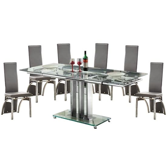 Rihanna Extending Glass Dining Table With 6 Romeo Grey Chairs_1
