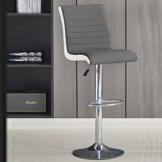 Ritz Faux Leather Bar Stool In Grey And White With Chrome Base_1