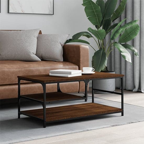 Rivas Wooden Coffee Table With 2 Shelves In Brown Oak_1