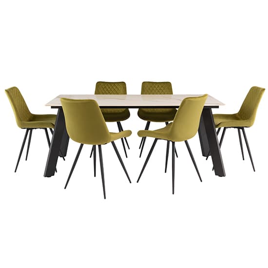 Rivky 180cm Kass Gold Marble Dining Table 6 Maija Olive Chairs_2