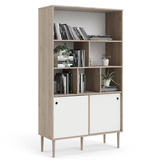 Roxo Wooden 2 Sliding Doors Bookcase In Oak And White_2