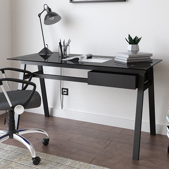 Rubery Black Glass Top Computer Desk With Black Frame