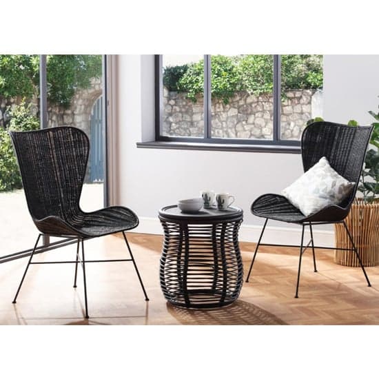 Rybnik Rattan Bistro Set In Black With 2 Puqi Black Wing Chairs_1