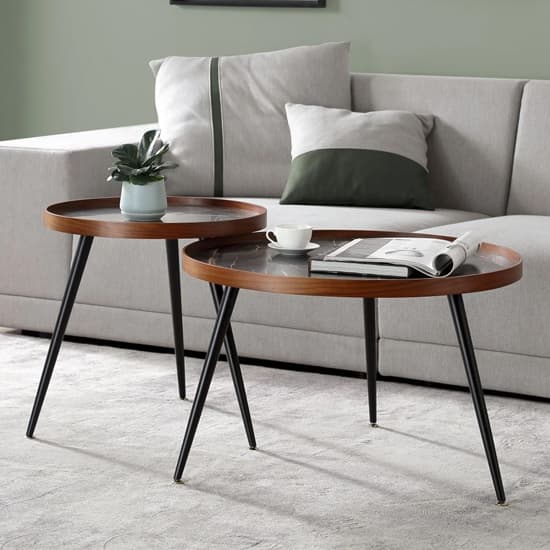 Sabri Wooden Coffee Table Round In Black Marble Effect Furniture in