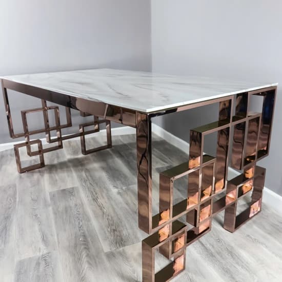 Salina Marble Effect Glass Dining Table With Rose Gold Frame