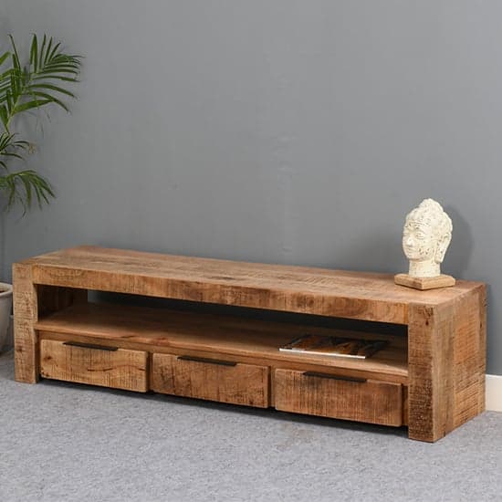 Salter Solid Mangowood Large TV Stand 3 Drawers In Rough Swan_1