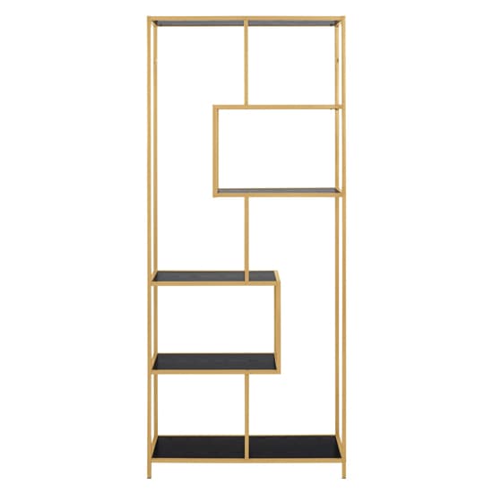 Salvo Wooden Bookcase 5 Shelves In Ash Black With Gold Frame_2