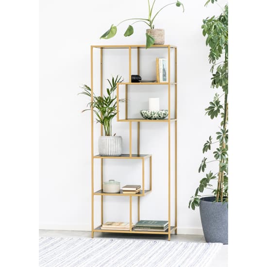 Salvo Wooden Bookcase 5 Shelves In Ash Black With Gold Frame_6