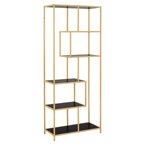 Salvo Wooden Bookcase 5 Shelves In Ash Black With Gold Frame_1