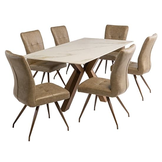 Salvo Kass Gold Stone Dining Table With 6 Kalista Taupe Chairs_1