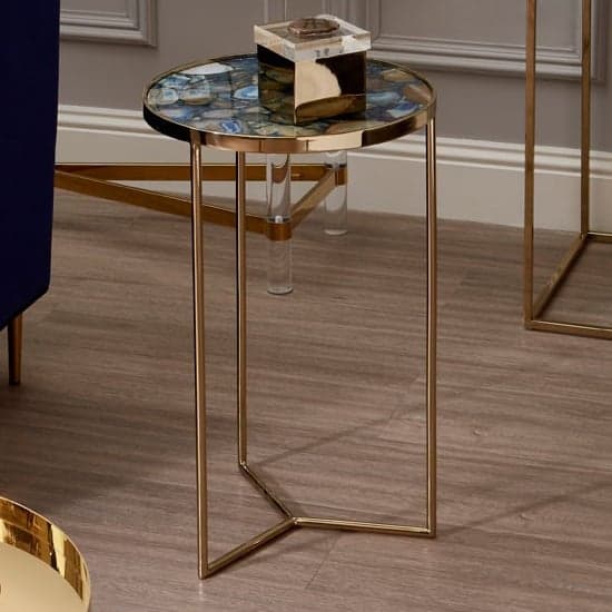 Sauna Round Agate Side Table With Gold Steel Frame In Blue_1