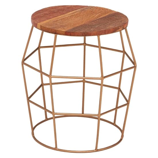 Santorini Round Wooden Side Table With Gold Frame In Natural_2