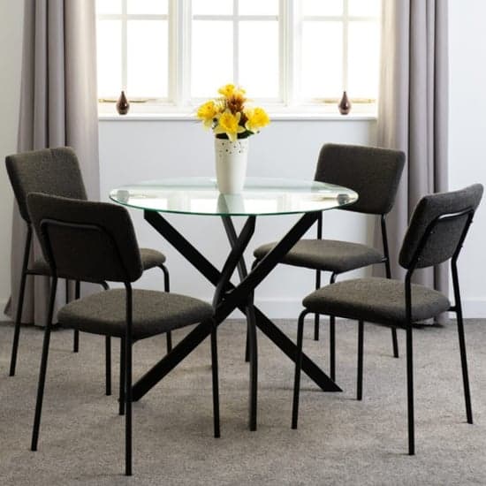 Sanur Clear Glass Dining Table Round With 4 Grey Fabric Chairs_1