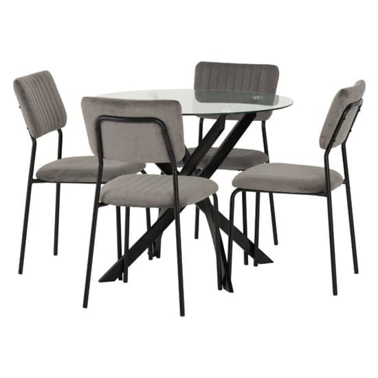 Sanur Clear Glass Dining Table Round With 4 Grey Velvet Chairs_2