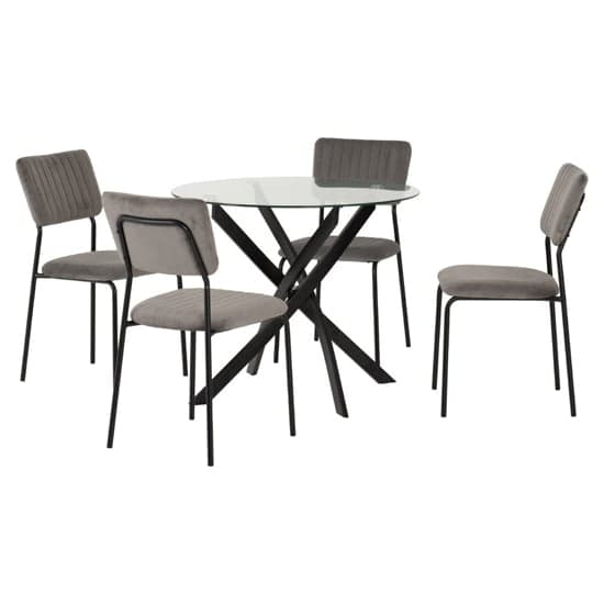 Sanur Clear Glass Dining Table Round With 4 Grey Velvet Chairs_3