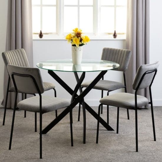 Sanur Clear Glass Dining Table Round With 4 Grey Velvet Chairs_1