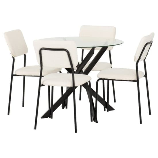 Sanur Clear Glass Dining Table Round With 4 Ivory Fabric Chairs_2