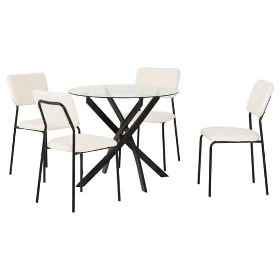 Sanur Clear Glass Dining Table Round With 4 Ivory Fabric Chairs_3