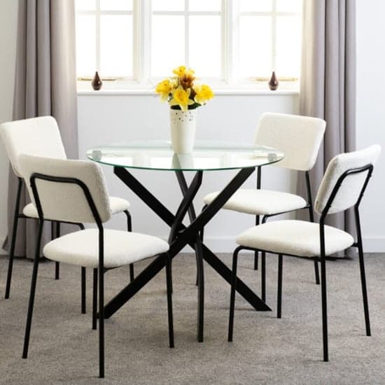 Sanur Clear Glass Dining Table Round With 4 Ivory Fabric Chairs_1