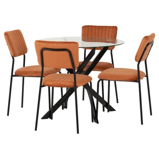 Sanur Clear Glass Dining Table Round With 4 Orange Velvet Chairs_2
