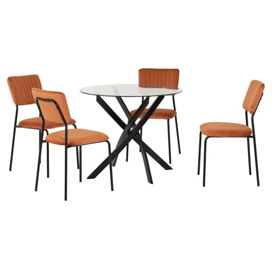 Sanur Clear Glass Dining Table Round With 4 Orange Velvet Chairs_3