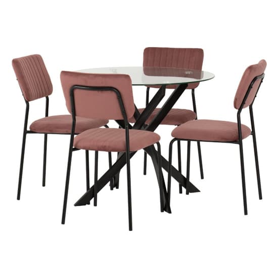 Sanur Clear Glass Dining Table Round With 4 Pink Velvet Chairs_2