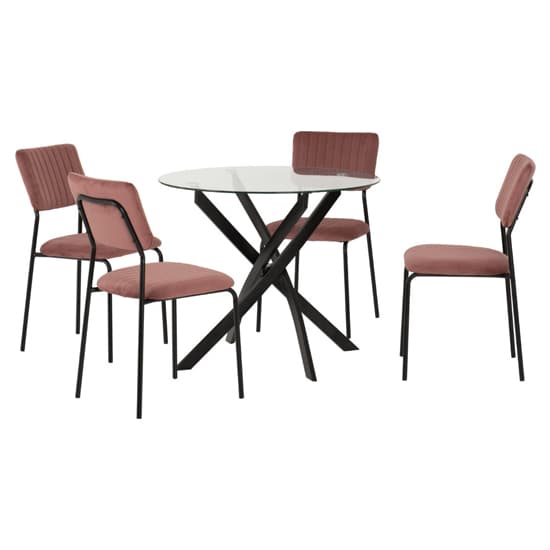 Sanur Clear Glass Dining Table Round With 4 Pink Velvet Chairs_3
