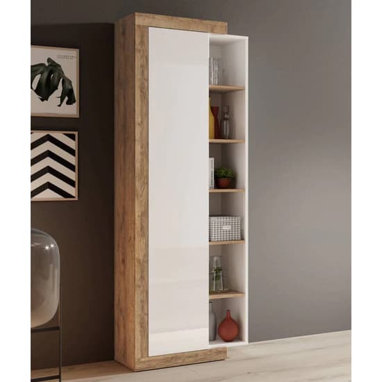 Sanur High Gloss Storage Cabinet Tall In White And Sandal Oak_1
