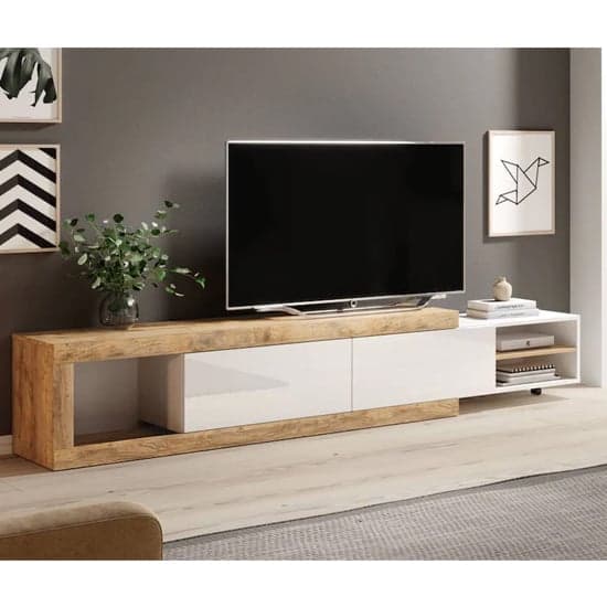 Sanur High Gloss TV Stand With 2 Doors In White And Sandal Oak_2