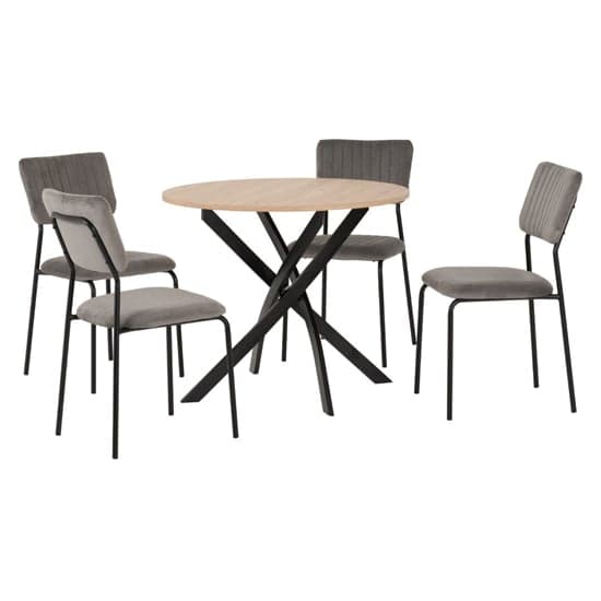 Sanur Sonoma Oak Dining Table Round With 4 Grey Velvet Chairs_2