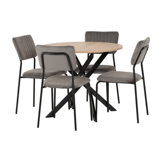 Sanur Sonoma Oak Dining Table Round With 4 Grey Velvet Chairs_3