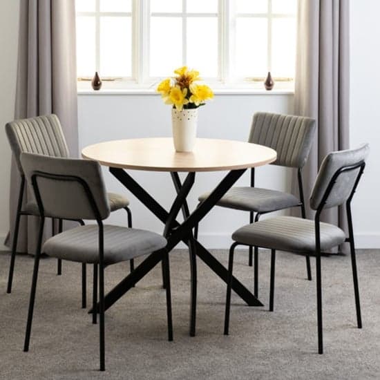 Sanur Sonoma Oak Dining Table Round With 4 Grey Velvet Chairs_1