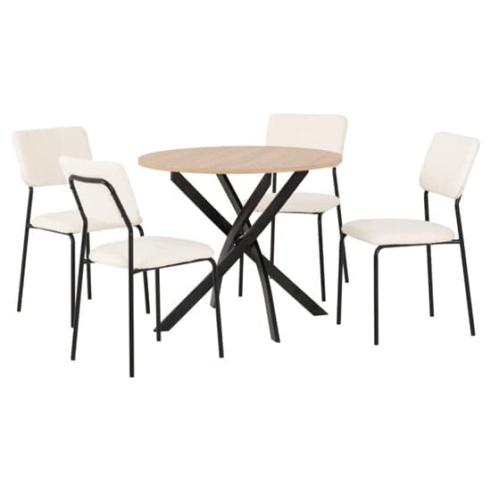Sanur Sonoma Oak Dining Table Round With 4 Ivory Fabric Chairs_2