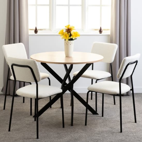 Sanur Sonoma Oak Dining Table Round With 4 Ivory Fabric Chairs_1