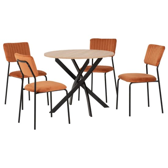 Sanur Sonoma Oak Dining Table Round With 4 Orange Velvet Chairs_2