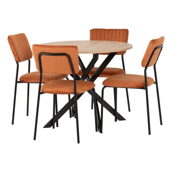 Sanur Sonoma Oak Dining Table Round With 4 Orange Velvet Chairs_3