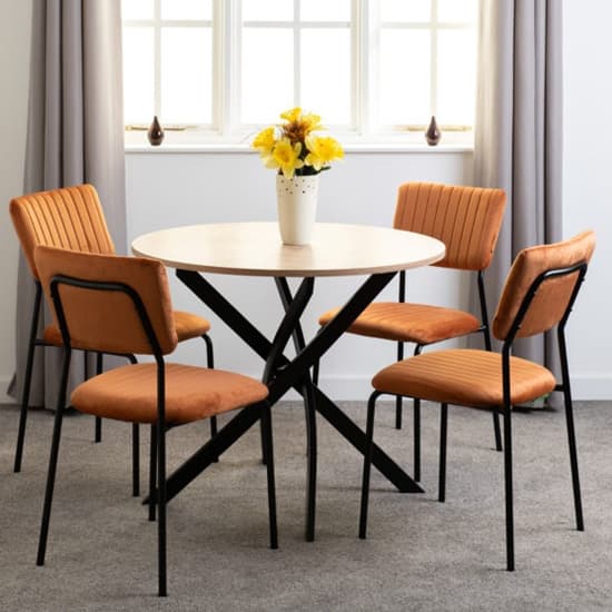 Sanur Sonoma Oak Dining Table Round With 4 Orange Velvet Chairs_1