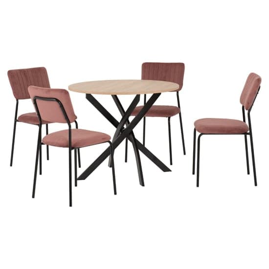 Sanur Sonoma Oak Dining Table Round With 4 Pink Velvet Chairs_2
