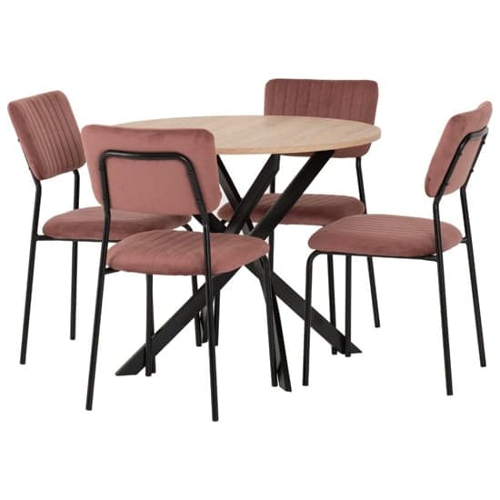 Sanur Sonoma Oak Dining Table Round With 4 Pink Velvet Chairs_3