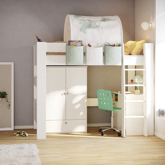Satria Kids Wooden Highsleeper Bunk Bed In Off White Furniture in Fashion