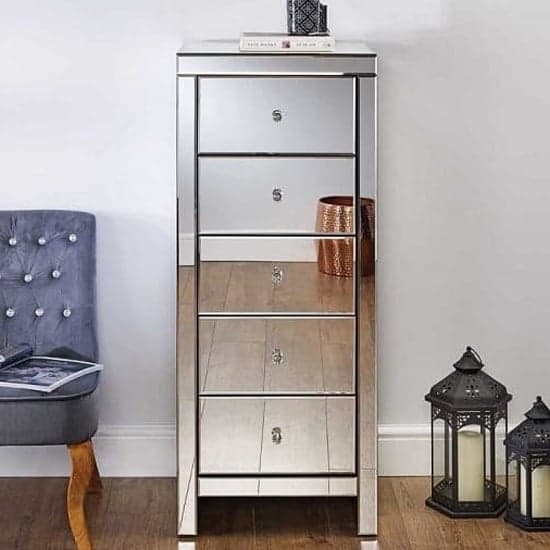 Saville Mirrored Chest Of 5 Drawers Narrow In Silver_2