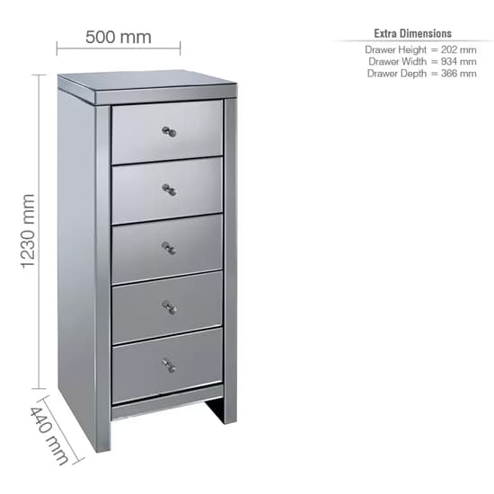 Saville Mirrored Chest Of 5 Drawers Narrow In Silver_4