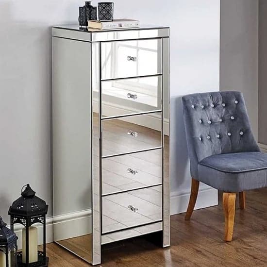 Saville Mirrored Chest Of 5 Drawers Narrow In Silver_1
