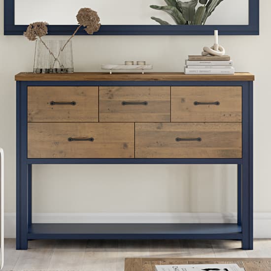 Savona Wooden Console Table With 5 Drawers In Blue_1