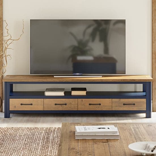 Savona Wooden TV Stand Wide With 4 Drawers In Oak And Blue_1