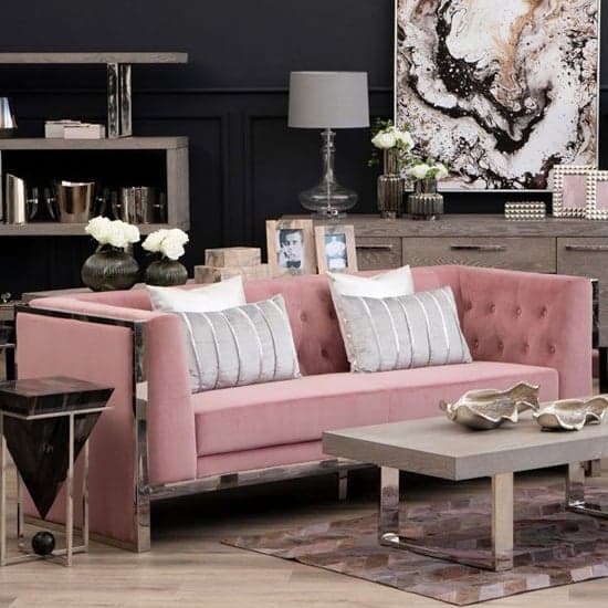 Sceptrum Velvet 3 Seater Sofa With Steel Frame In Pink_1