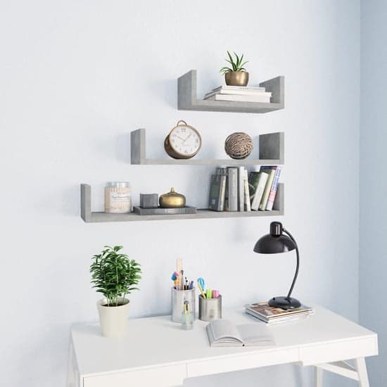 Scotia Set Of 3 Wooden Wall Display Shelf In Concrete Effect_1