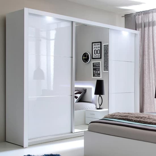 Senoia Mirrored High Gloss Wardrobe 3 Doors Wide White With LED_4