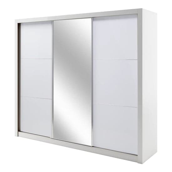 Senoia Mirrored High Gloss Wardrobe 3 Doors Wide White With LED_1