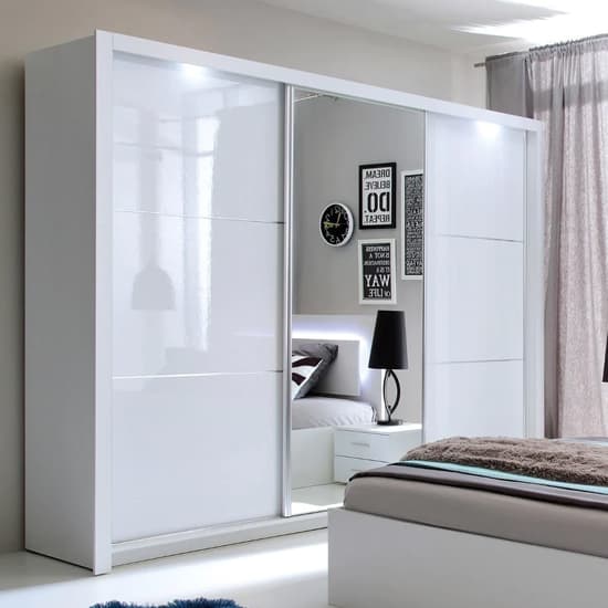 Senoia Mirrored High Gloss Wardrobe 3 Doors In White With LED_4